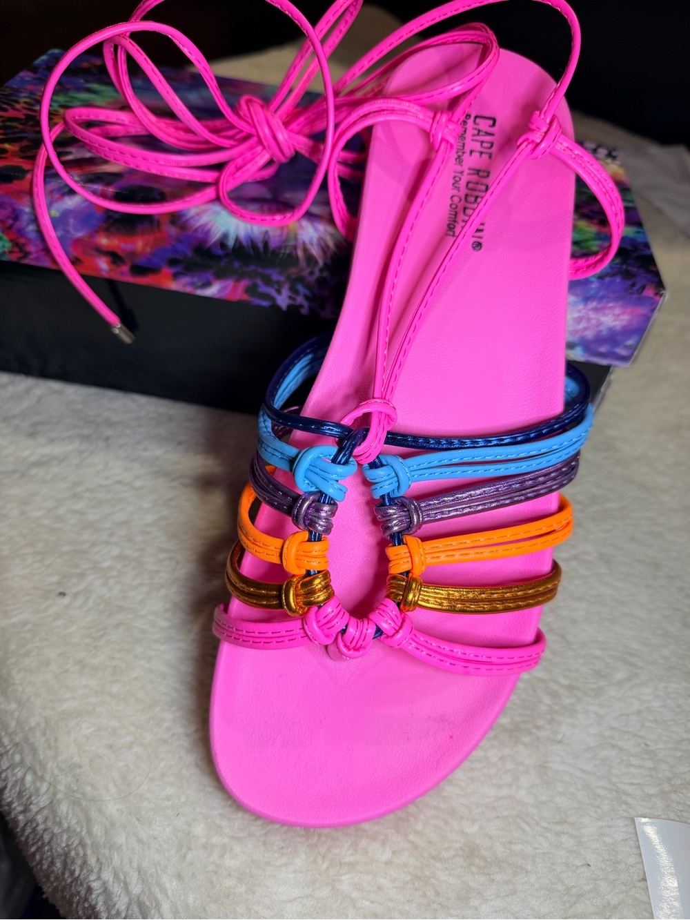930. NIB Cape Robbin Neon Pink Multicolor Lace-Up Flat Sandals - Picture 6 of 9